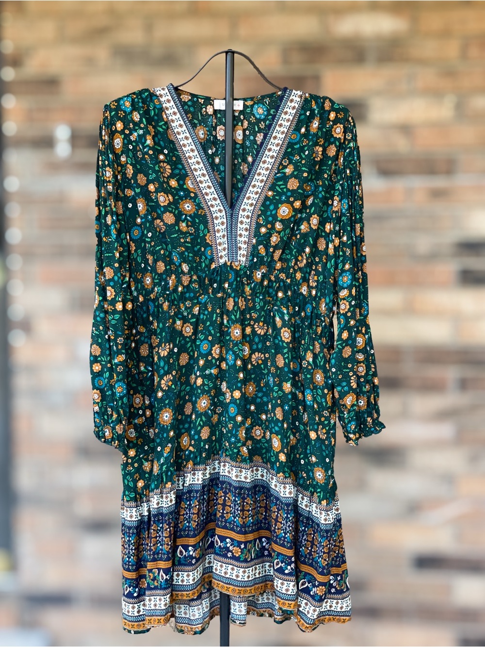 Umgee Green Floral Boho Border Print Dress 2XL